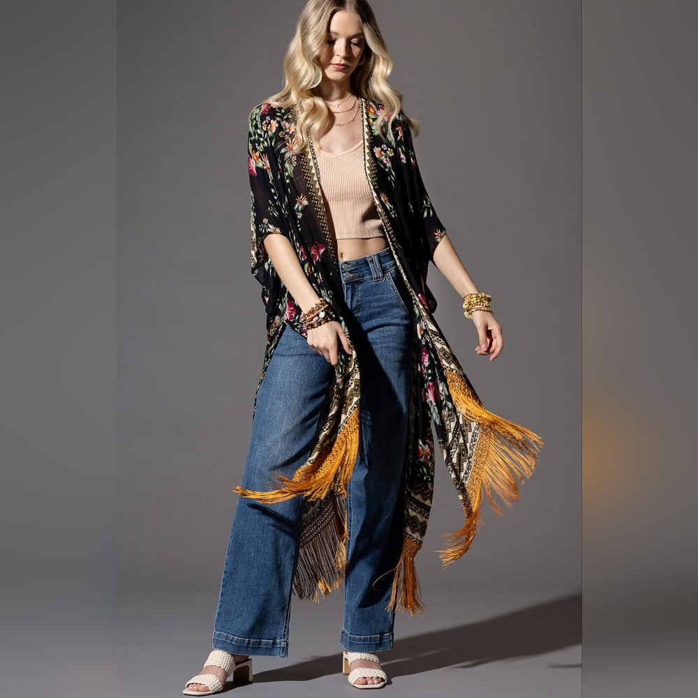 Bohemian Floral Print Kimono / Duster - Fine Golden Fringe Tassels - Side Slits - Picture 12 of 14